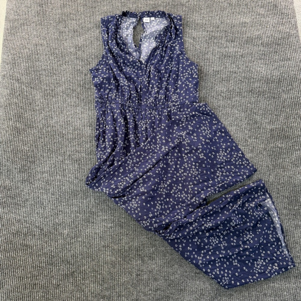 GAP Blue Floral Sleeveless Wide Leg Jumpsuit Ruffle Neck Keyhole Summer XL Boho
